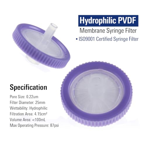 Image of PEKYBIO Sterile Syringe Filter, 25mm PVDF Hydrophilic Filtration 0.22μm Pore Size with Purple Smooth Ring, Individually Packed for Lab, Pack of 10