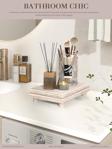 EOSAHR Decorative Tray Wood Pedestal Stand – Farmhouse Wooden Tray for Soap Holder & Bathroom Accessories - Kitchen Essentials & Bathroom Organizer for Home Decor (Natural Wood) - Image 4