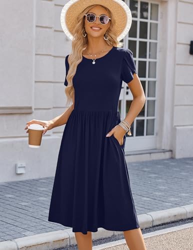 Image of HOTOUCH Women's Summer A-Line Midi Dresses 2026 Casual Floral Short Sleeve T-Shirt Dress Flowy Beach Sundress with Pockets