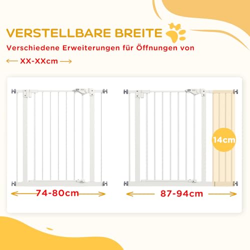 PawHut Türschutzgitter Treppenschutzgitter mit 14 cm Verlängerung Türgitter ohne Bohren mit Auto-Close Treppengitter für Breiten 74-94 cm Beidseitig Schwenkbar Metall Weiß