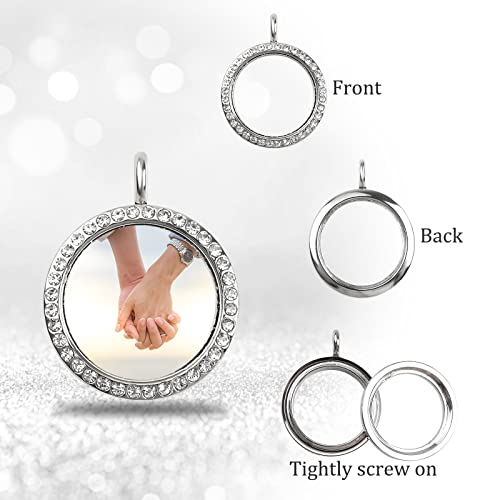 WANDIC Rhinestone Photo Charms, 4 pieces silver Round Memory Locket Pendant Bridal Wedding Bouquet Charms for Photo or Decoration 30mm - Image 3