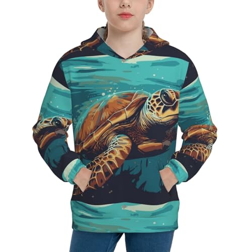 Green Turtle in Sea Water Kids Pullover Hoodies Boys Sweatshirts Girls Athletic Clothes with Pocket - Main Image