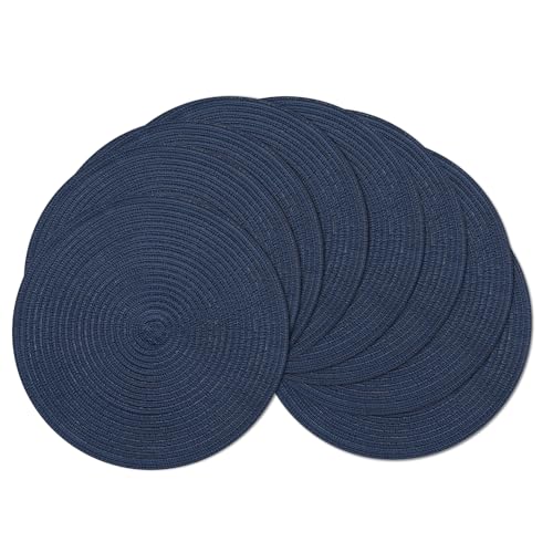 Image of SHACOS Round Placemats Set of 8 Washable 15 inch Round Table Mats Cotton Polyester Woven Braided Place Mats for Dining Table, Navy