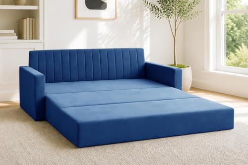 Image of Modern Three Seater Sofa Cum Bed with Armrest, Velvet Fabric Sofa for Living Room, Space Saving Foldable Sleeper Sofa, (Blue-Color)
