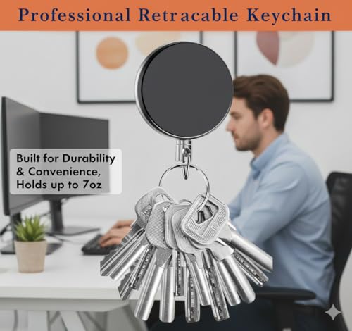 Image of AccuPrints Pack of 2 Heavy Duty Retractable Badge Holder with Key Ring, Chrome Metal, Professional ID Card Reel, Belt Clip Design