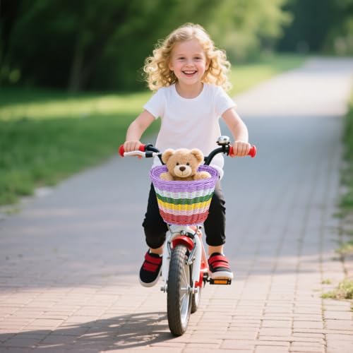BUYGOO Laufrad Korb mit 2 Lederriemen, Abnehmbar, Fahrradkorb Geflochten Kunststoff, Fahrrad Korb Weidenkorb Vorne, Bike Basket Front, Bunt Fahrradkorb Vorne, für Meisten Fahrräder