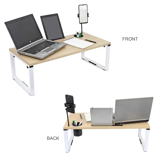 Image of Isomars Bed Desk /Floor Desk with Mobile Holder 76cm x 35.5cm (30 inch x 14 inch) Laptop Study Table for Work from Home, Online Classes, Card Games and Kid's Activities (Wooden)