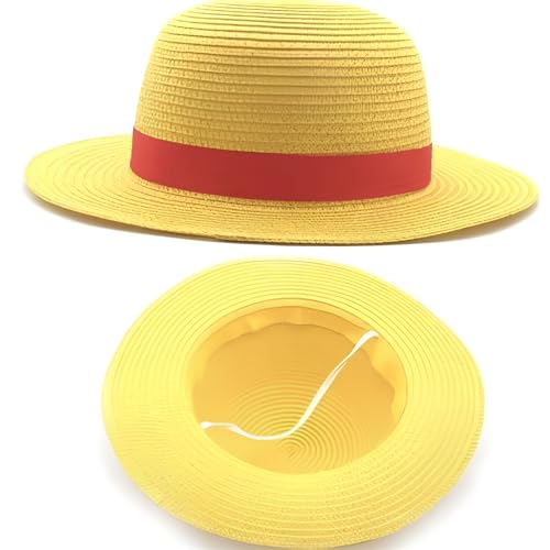 Image of One Piece Luffy Cosplay Straw Hat, Yellow with Red Band, 35cm