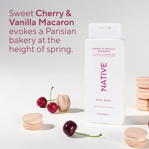 Image of Native Clean Body Wash, Gentle & pH-balanced for Sensitive Skin, 24-Hr Freshness for Women & Men, Vegan & Cruelty-Free, Free of Sulfates & Parabens, Cherry & Vanilla Macaron, 18 fl oz