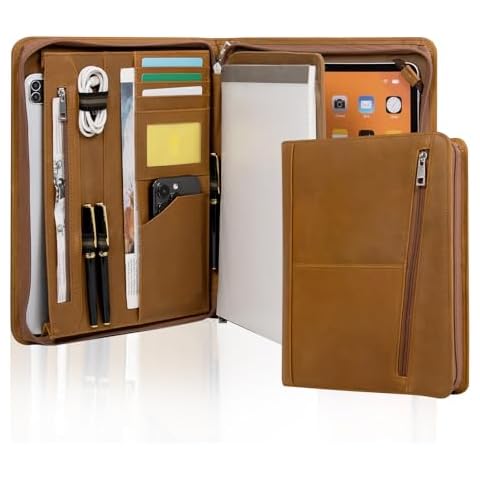 AZXCG Leather Portfolio Organizer for Men, Professional Padfolio Folio with A4/Legal Pad Holder, Business Resume Zippered Portfolio, Tablet Case for iPad Pro 12.9", Gift for Women/Men, Brown Cover