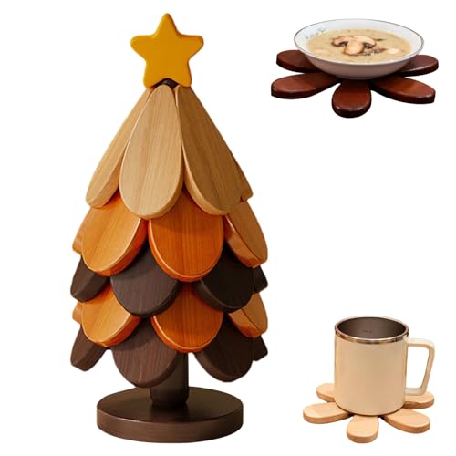 Sottopentola in Legno per Caldi, Sottopentola a Forma di Albero di Natale Sottobicchieri in Legno Treevot con 5 So ttopentola e 1 Supporto per Ciotola, Teiera, per Bevande Decorazione