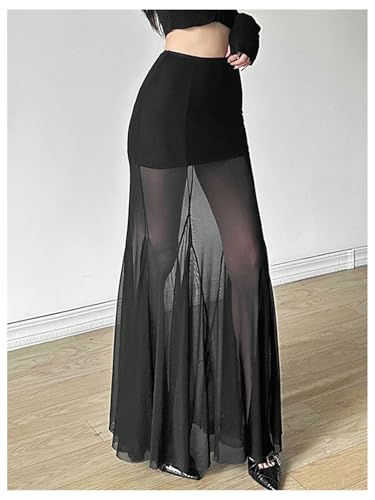 GORGLITTER Women's Ruffle Long Skirt Mesh Sheer Elegant Bodycon Coquette See Through Maxi Skirts2