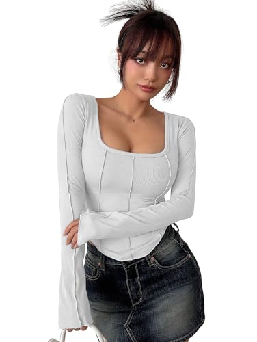 Image of Sugathari Women's Black Solid Long Sleeve Wrap-Style Square Split Crew Neck Bodycon Women T-Shirt Spring and Summer Top, Minimalist and Fashionable for Everyday Casual Wear Tops (T-Shirt 181)