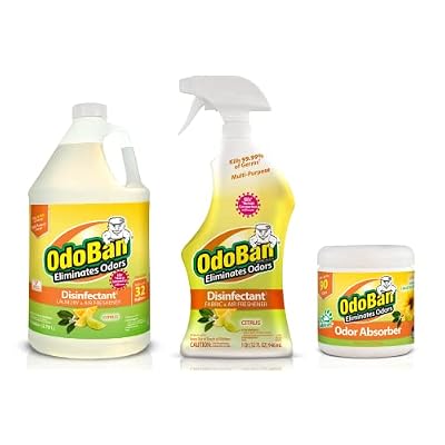 OdoBan Ready-to-Use Disinfectant and Odor Eliminator, Set of 3, 32 oz Spray, 1 Gallon Concentrate and 14 oz Solid Odor Absorber, Citrus Scent