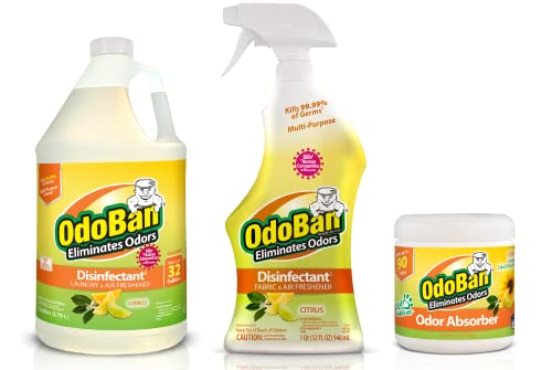 OdoBan Ready-to-Use Disinfectant and Odor Eliminator Set of 3 32 oz Spray 1 Gallon Concentrate and 14 oz Solid Odor Absorber Citrus Scent