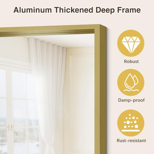 Image of Bathroom Mirror, 30 x 36 inch Natural Wood Grain Colored Aluminum Metal Frame Bathroom Vanity Mirror, Rectangle Wall Mirror for Bedroom Living Room, Tempered Glass, Horizontal or Vertical