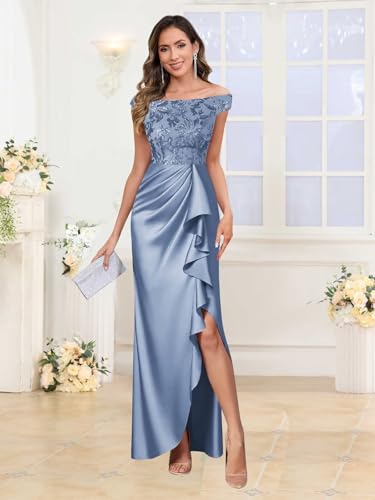 Sequin Mother of The Bride Dresses for Women Long Off The Shoulder Satin Formal Dress with Slit2
