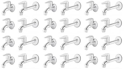 Spazio Stainless Steel Vignette Bib Cock with Long Body Combo Pack Foam Flow Water Taps with Wall Flange (Pack of 12) (Chrome Plated, Brass Disc)