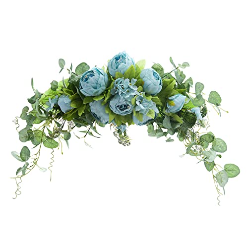 Artificial Blue Peony Flower Swag, 24 Inch Decorative Swag with Silk Peony Hydrangeas and Eucalyptus Leaves Fake Flowers Wreath for Wedding Arch Door Wall Celebration Party Home Decor
