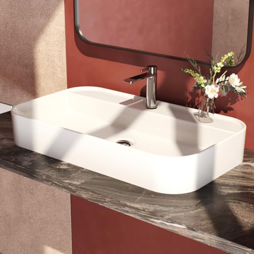 EMKE vasque à poser salle de bain, 70 x 40 x 11cm, Lavabo salle de bain rectangulaire en céramique Arc, Blanc brillant