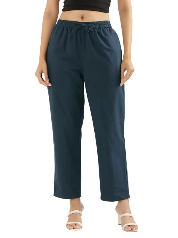 Image of SAADAA Cotton Straight Pants for Women | Breathable Everyday Wear Trousers | Drawstring, Deep Pockets & Elastic Waistband | Casual & Comfortable Fit