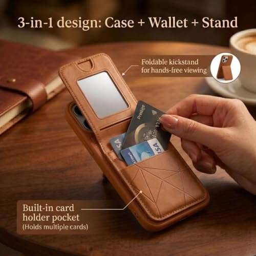 Image of amazon basics Premium Vegan Leather Back Cover with Card Holder and Integrated Mobile Stand for iPhone 13 Pro Max - Slim Shockproof Wallet Case with Geometric Stitching [Tan]