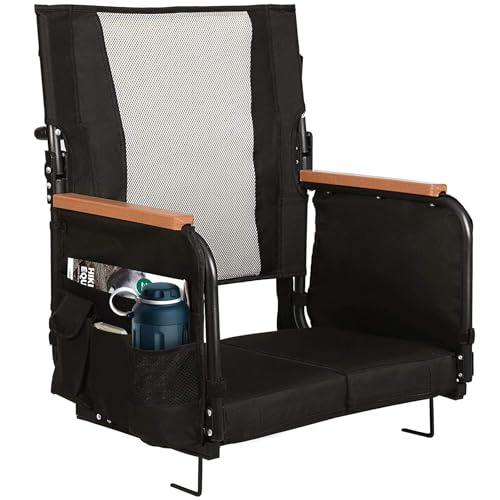 behairity Extra Wide Stadium Seats with Back Support, Bleacher Chairs with High Back and Cushion, Padded Portable Fording Bleacher Seat with Armrests, Cup Holder and Storage Pockets (Black)