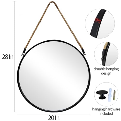 POZINO 20" Round Wall Mirror with Jute Rope, Circle Hanging Mirror for Wall - Image 3