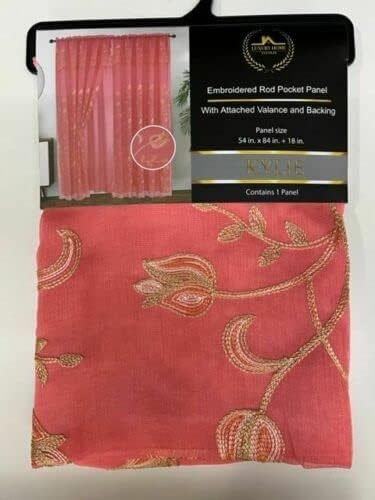 Set of 2 Kylie Embroidered Curtain Panels with Attached Taffeta Backing and Valance, 108" Wide x 84" Long (Coral)