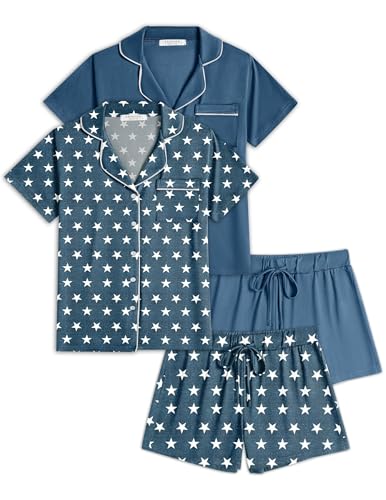 Image of Ekouaer 2 Pack Womens Pajamas Set Button Down Summer Sleepwear Short Sleeve Comfy Pjs Loungewear Set