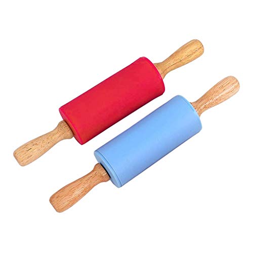 Asalinao 2 Stück 23 cm Silikon Nudelholz Antihaft Oberfläche Holzgriff für Kinder, Kinder Küche Kochen Backwerkzeug,Packung mit 2 Stück (Mehrfarbig-B) Cover