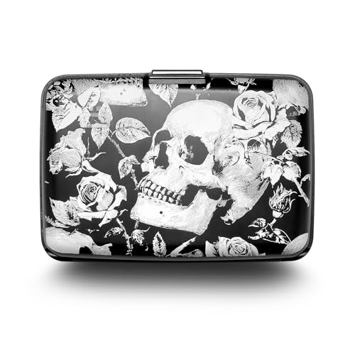 Image of OGON -DESIGNS- Aluminum card holder, RFID protection against fraud and demagnetization, compact wallet, Smart Case STOCKHOLM model (Engraving Skulls Roses, Extra-secure lock)