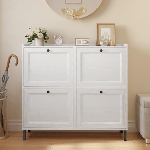 Miniatura 2 de Bealife Zapatero Estrecho, Zapatero 4 Puertas Para Entrada O Pasillo Abatibles Y Estantes Ajustables Para 16 Pares De Zapatos, 99.3x24x91 Cm, Color Blanco