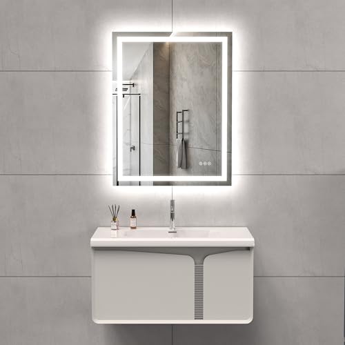 LED Bathroom Mirror Lights 28x36 Inch Front & Backlit Lights Vanity Mirror, Wall Mounted Anti-Fog Dimmable LED Makeup Mirror, IP54 3K-6K Warm/Natural/Daylight, Tempered Glass (Horizontal/Vertical) UL