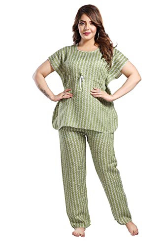 Image of Fabme Women's Cotton Printed Kaftan and Pyjama Set - Green Cream