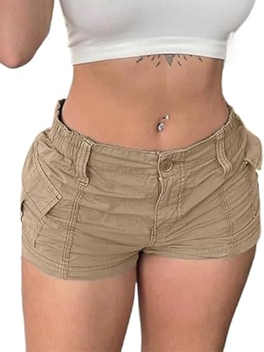 Women Y2k Summer Cargo Shorts Casual Low Rise Hot Pants Vintage Bodycon Denim Shorts with Pockets Streetwear (A-Khaki, S)