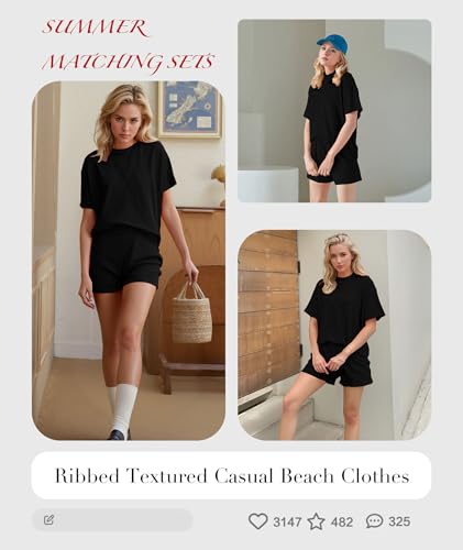 Image of MARZXIN Women 2 Piece Shorts Set 2026 Casual Summer Cruise Outfits Ribbed Loose Short Sleeve Pocket Matching Lounge Sets
