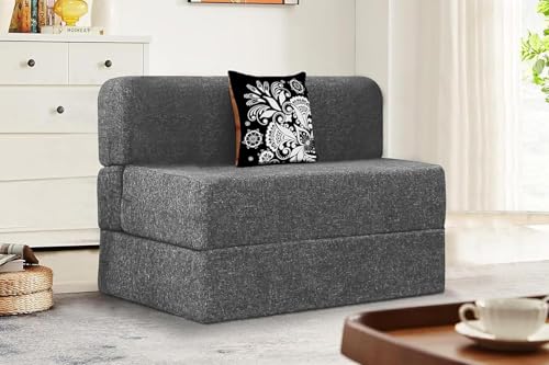 Image of Rosebell 1-Seater Sofa Cum Bed with One Printed Cushion - Space-Saving Convertible Sofa for Living Room & Office, Guest Room - Grey Color