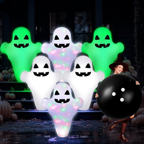 WinnerWhy 7 Pcs LED Giant Halloween Inflatable Ghost Bowling Set Light up Game 6 Pcs 27