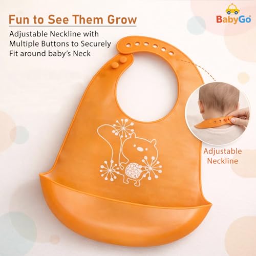 Image of BabyGo Silicone Baby Bib for Feeding & Weaning Infants & Toddlers |Waterproof, Washable & Reusable | Adjustable Neckline, Lightweight & Foldable Bib with Deep Food Catcher Pocket |Orange (Pack of 1)
