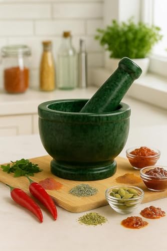 Image of BR & Sons Premium Green Marble Mortar and Pestle Set 6 Inch | Traditional Imam Dasta Kundi Kharal Okhli | Heavy Duty Spice Grinder for Kitchen