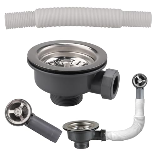 Inodiref Desague Fregadero de Cocina 114 mm Válvula Desagüe Fregadero G1 1/2' con Rebosadero Acero Inoxidable Colador de Cesta y Tornillo de 40 mm Para Orificios De Fregadero de Entre 83-90 mm