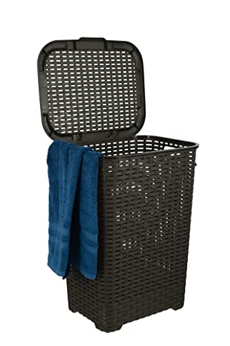 Laundry Hamper Basket With Lid 60 Liter - Deluxe Wicker Style Brown Color - 1.70 Bushel Bin With Cutout Handles To Storage Dirty Cloths In Washroom Bathroom, Or Bedroom. By Superio #TOP29