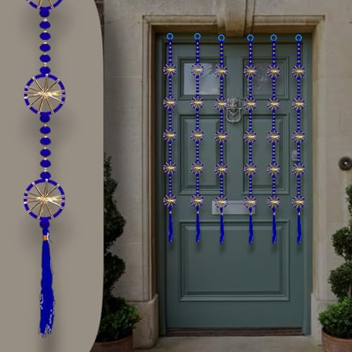 Image of Rajasthan Kraft Handmade Pom Pom Beads with Gotta Patti Ring Tassels Used for Wall Decor and Door Hanging|Home Office Diwali Decoration, Length 55 Inch, Pack of 2, Colour Blue (RK-34802-2)