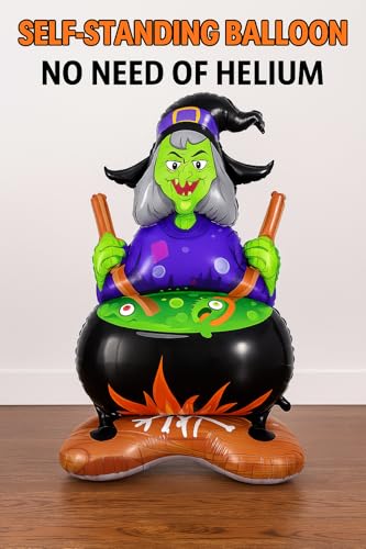 Image of AMFIN (Pack of 1) Self Standing Halloween Witch Cauldron Foil Balloon - 44 Inch Large Inflatable Witch with Cauldron Decoration -Multi
