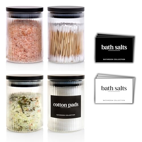 Mason & Fable Tarros de baño de vidrio acanalado con tapas herméticas de bambú negro, almohadilla de algodón, soporte para puntas Q, para sal de baño, maquillaje pequeño, recipiente transparente de