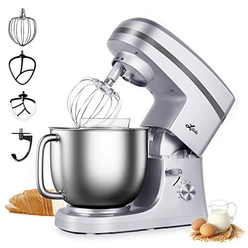 Stand Mixer, Litchi 6-Speed 7 Qt Kitchen Electric Food Mixer, Tilt-Head Household Stand Mixer with Splash Guard, Dough Hook, Whisk, Flat Beater, Mixing Beater, for Different Cooking Styles - Silver