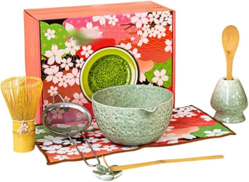 Jirrtco 茶道具 茶せん 茶筅 竹製 泡立て器 茶道 伝統的工芸品 抹茶泡立て器セット、セラミック抹茶セットには、 抹茶愛好家のための お手入れも簡単 敬老の日 父の日 母の日 クリスマス 新年 誕生日 ギフト プレゼント (D,8点セットです)