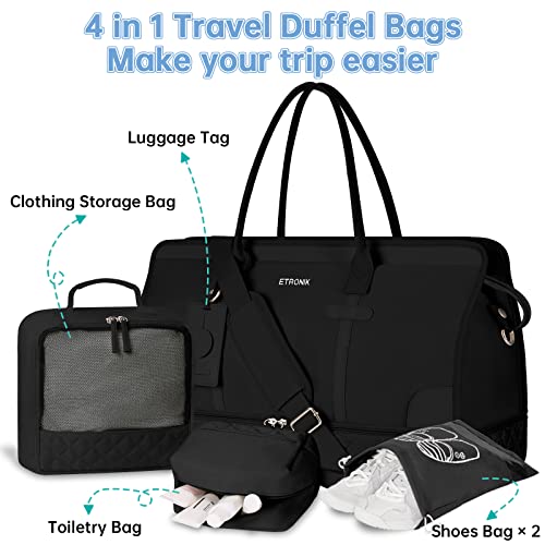 Etronik Weekender Overnight Bag For Women, Large Travel Duffle Bag With Shoe Compartment & Wet Pocket, Carry On Tote Bag Gym Duffel Bag With Toiletry Bag, Bag For Hospital 4 Pcs Set, Black #TOP7