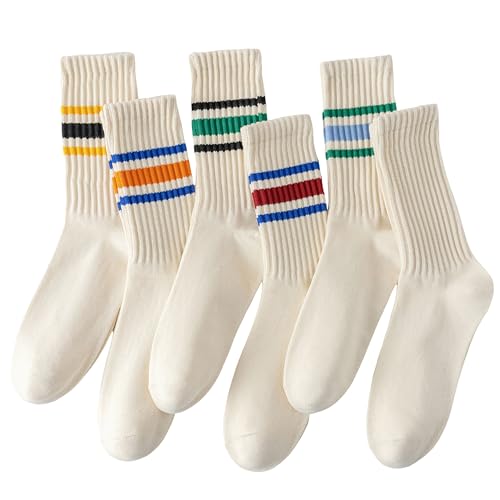 ULEEMARK 6 Pairs Of Neutral Crew Socks, Striped Retro Sports Calf Leather Socks, Casual Cotton Socks For Men & Women（7-15）